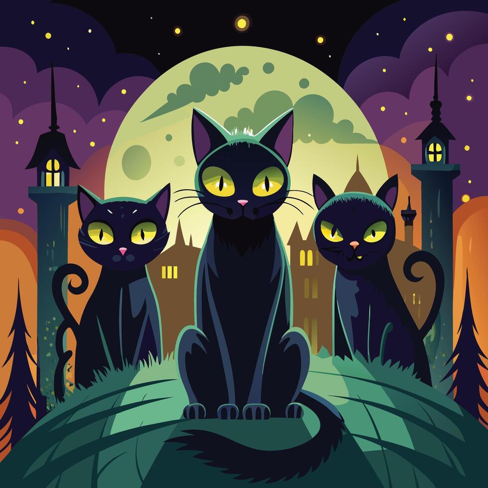 Mysterious black cats with arched backs and glowing eyes, often seen as Halloween symbols. vector