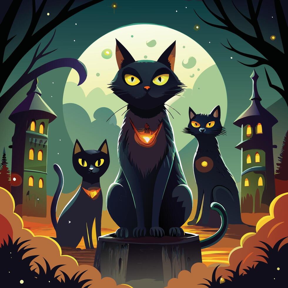 Mysterious black cats with arched backs and glowing eyes, often seen as Halloween symbols. vector