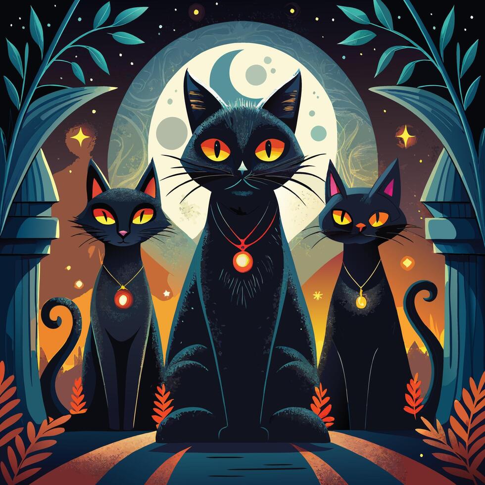 Mysterious black cats with arched backs and glowing eyes, often seen as Halloween symbols. vector