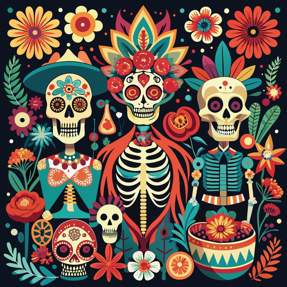 Artistic representations of skeletons and skulls, some decorated with flowers or intricate patterns. vector