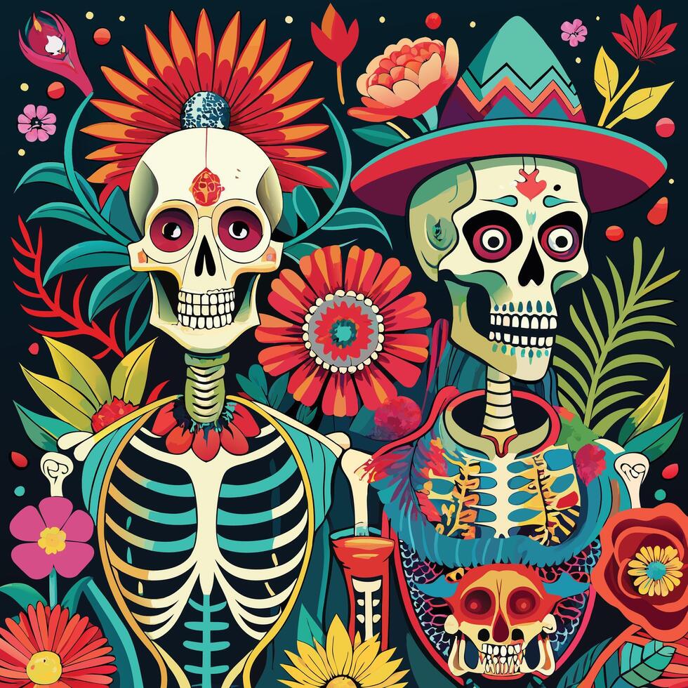 Artistic representations of skeletons and skulls, some decorated with flowers or intricate patterns. vector