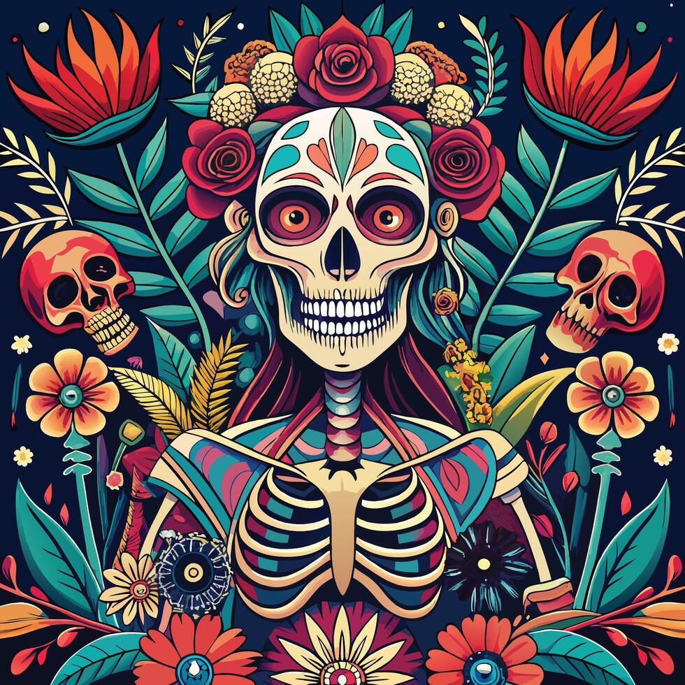 Artistic representations of skeletons and skulls, some decorated with flowers or intricate patterns. vector