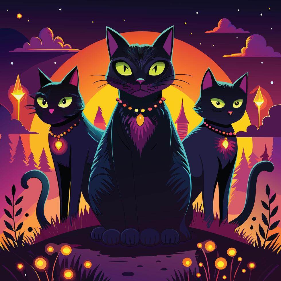 Mysterious black cats with arched backs and glowing eyes, often seen as Halloween symbols. vector