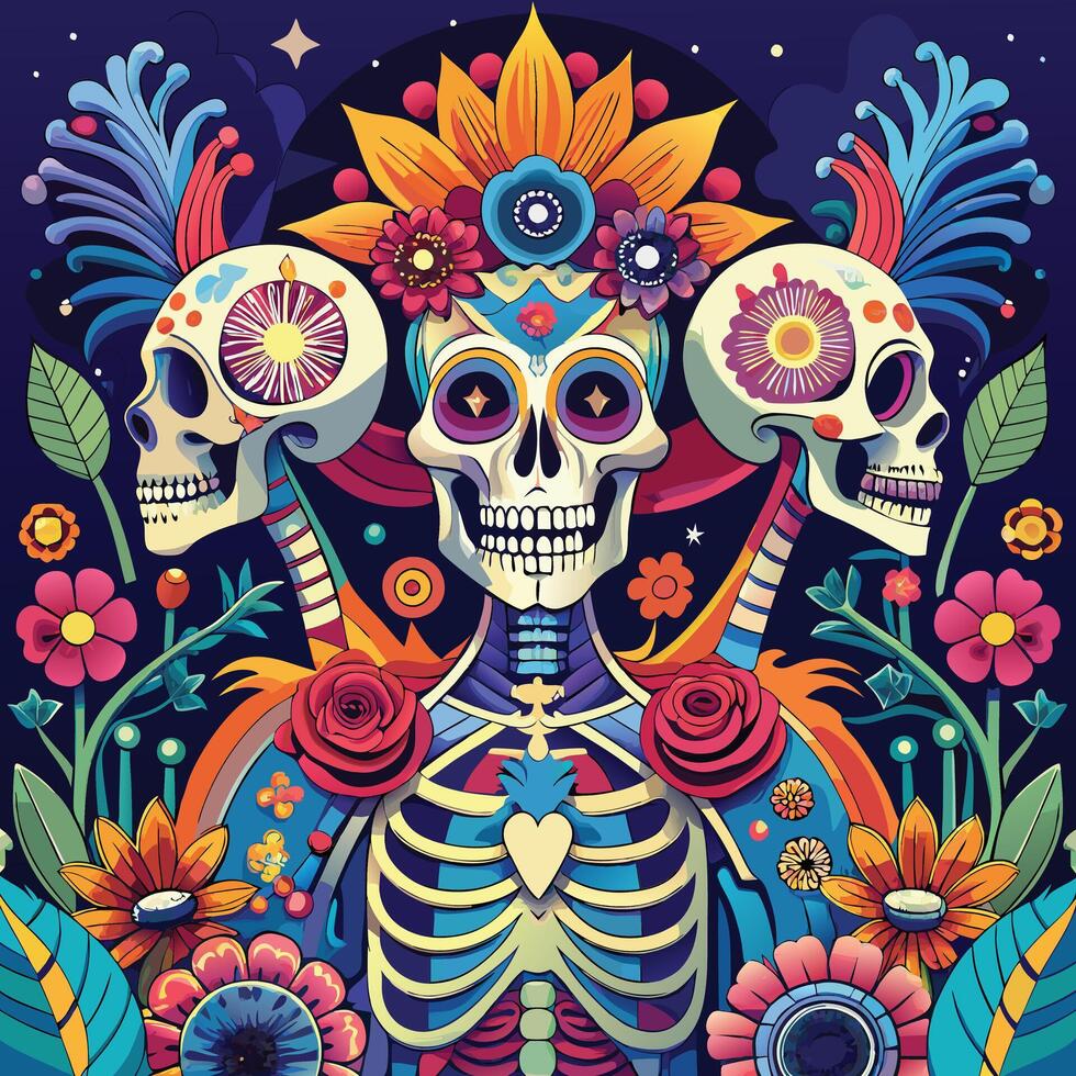 Artistic representations of skeletons and skulls, some decorated with flowers or intricate patterns. vector