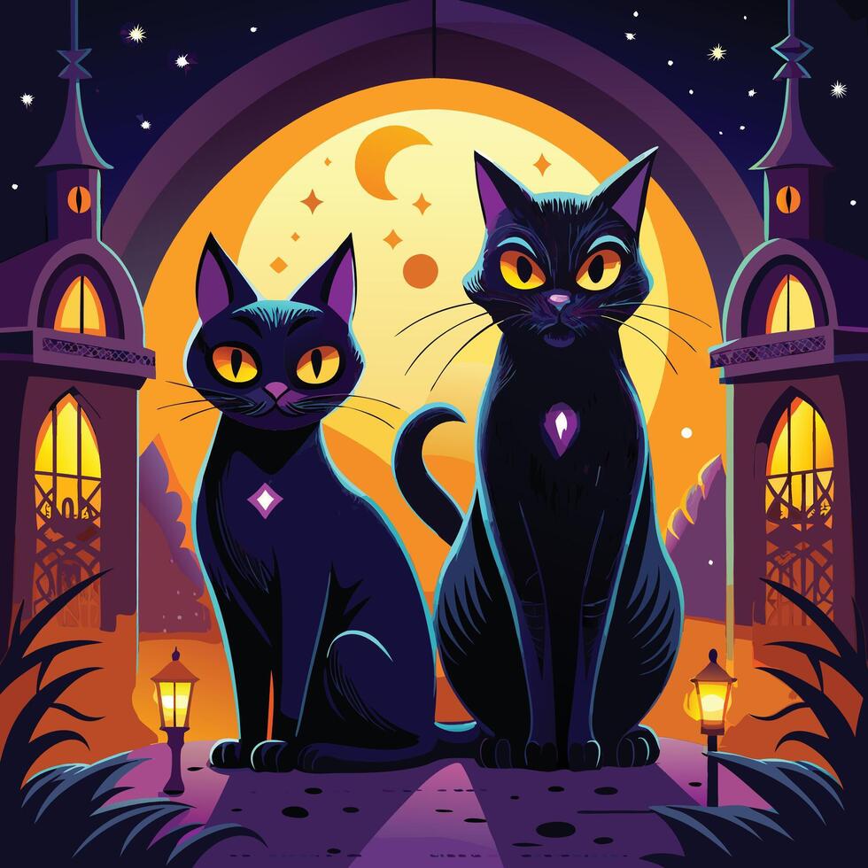 Mysterious black cats with arched backs and glowing eyes, often seen as Halloween symbols. vector