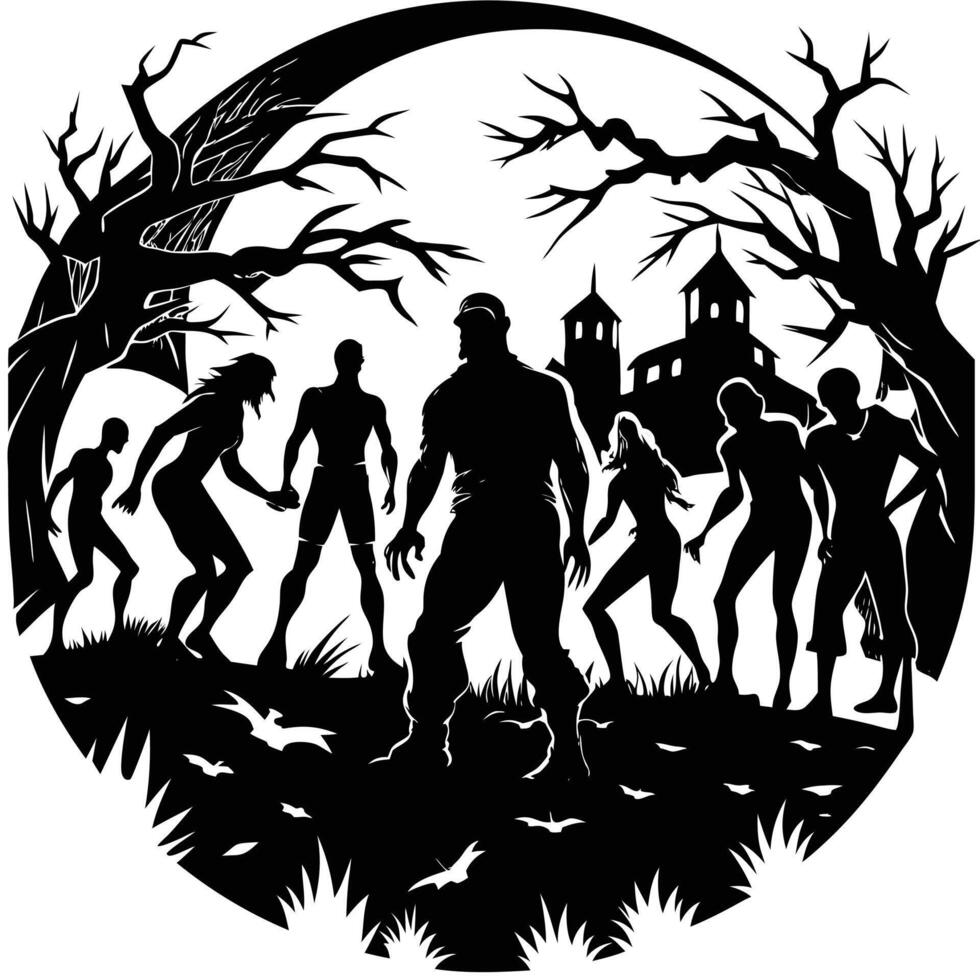 Zombie horror people standing and walking actions in Silhouette style vector