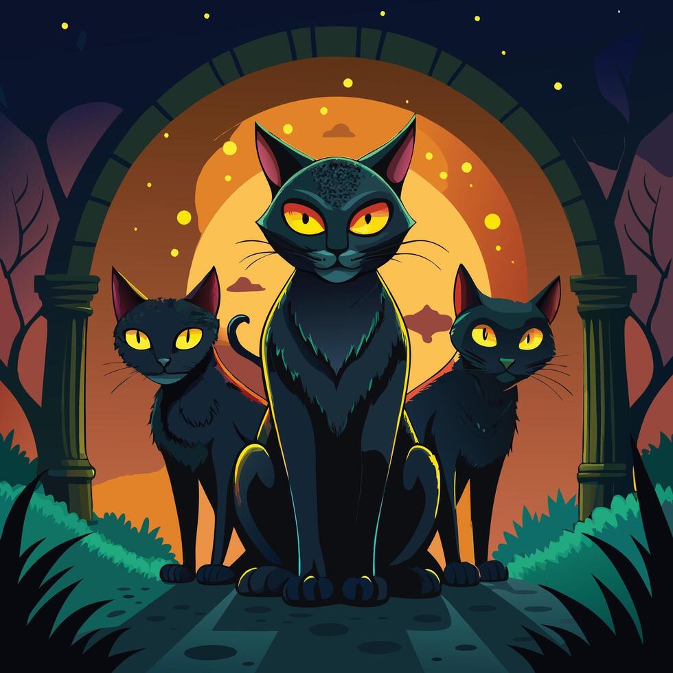 Mysterious black cats with arched backs and glowing eyes, often seen as Halloween symbols. vector