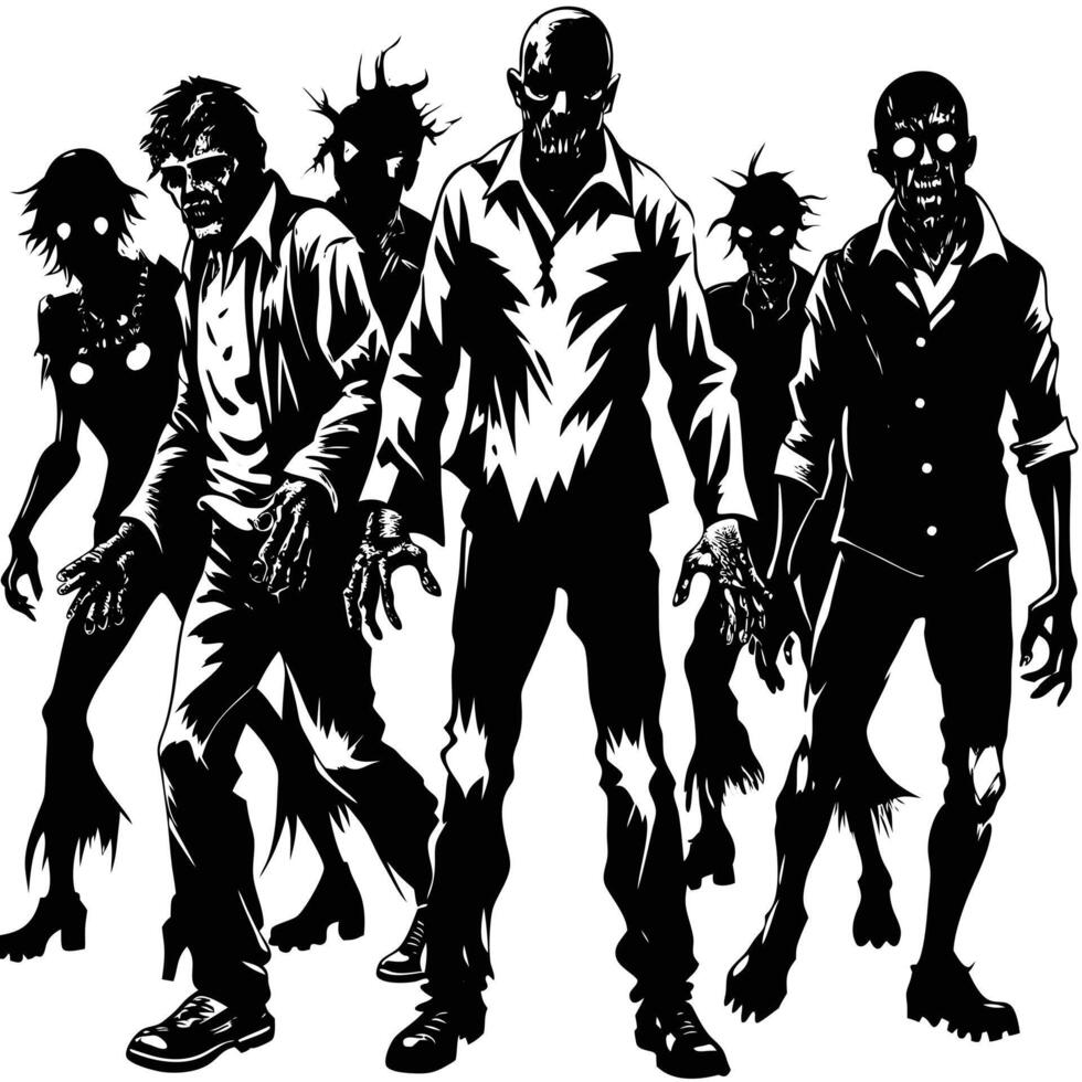 Zombie horror people standing and walking actions in Silhouette style vector