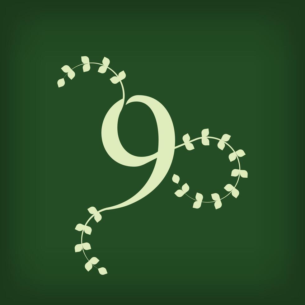 Premium leaf typography, number 9 logo. Symbol icon design. Unique wedding invitation and leaf combination. Flat Design. vector
