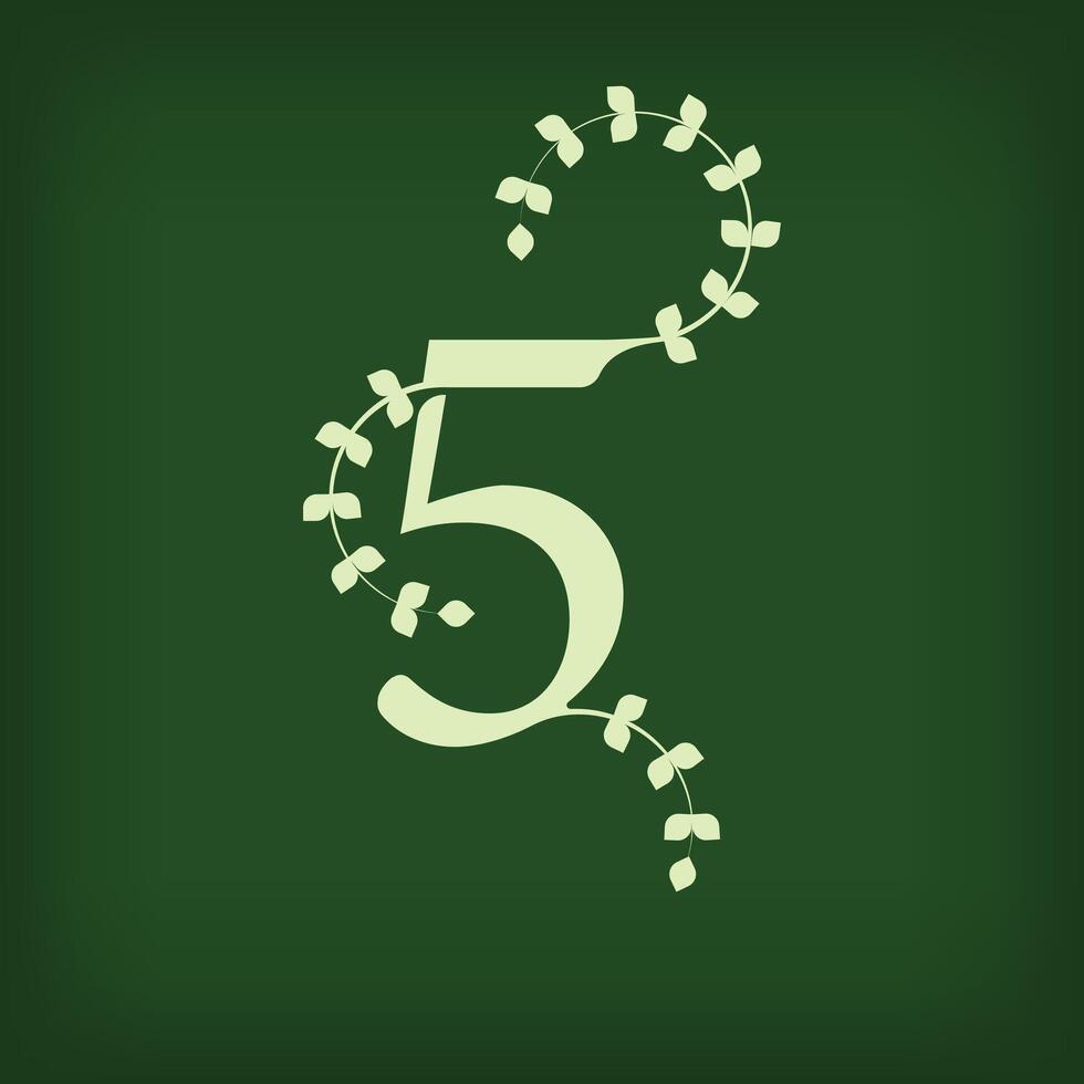 Premium leaf typography, number 5 logo. Symbol icon design. Unique wedding invitation and leaf combination. Flat Design. vector