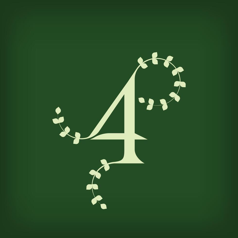 Premium leaf typography, number 4 logo. Symbol icon design. Unique wedding invitation and leaf combination. Flat Design. vector