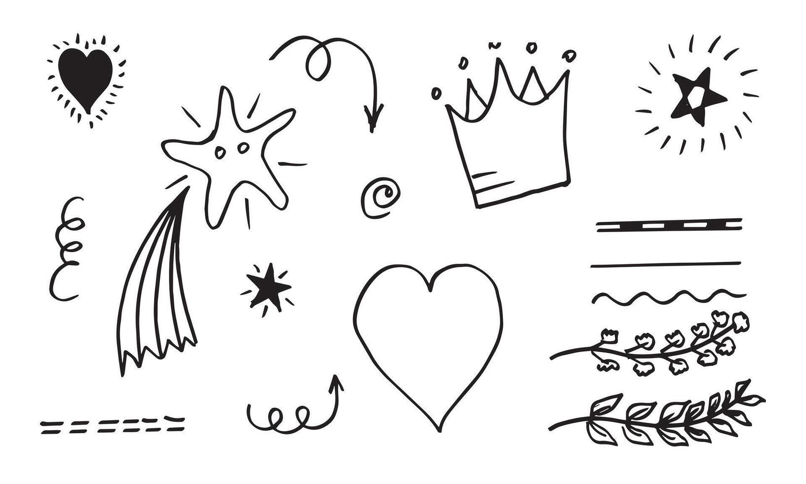 leaves, hearts, abstract, ribbons, arrows and other elements in hand drawn styles for concept designs. Doodle illustration. template for decoration vector