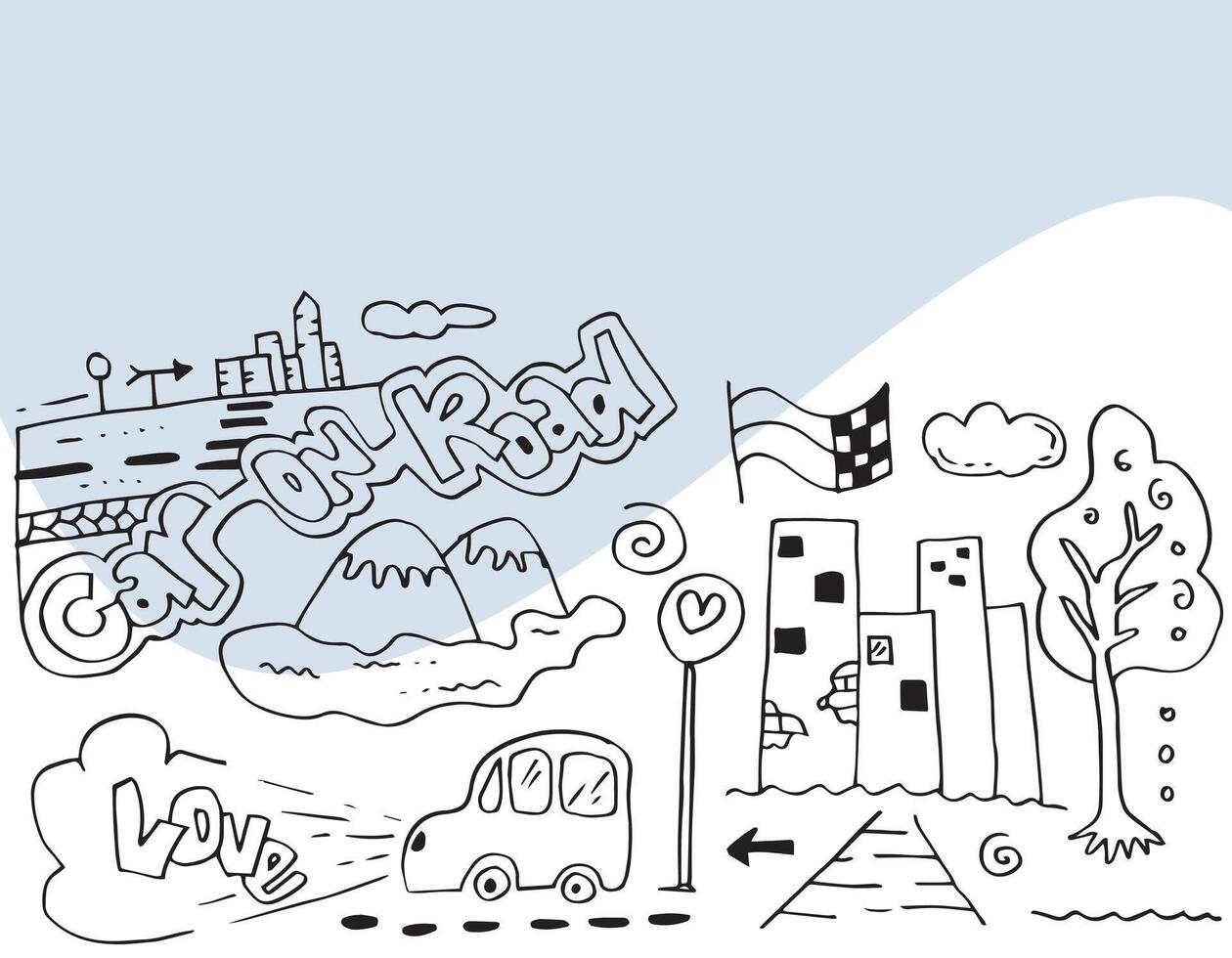 Hand drawn doodle set with funny cars, trees, roads, clouds, buildings, mountains, flags vector