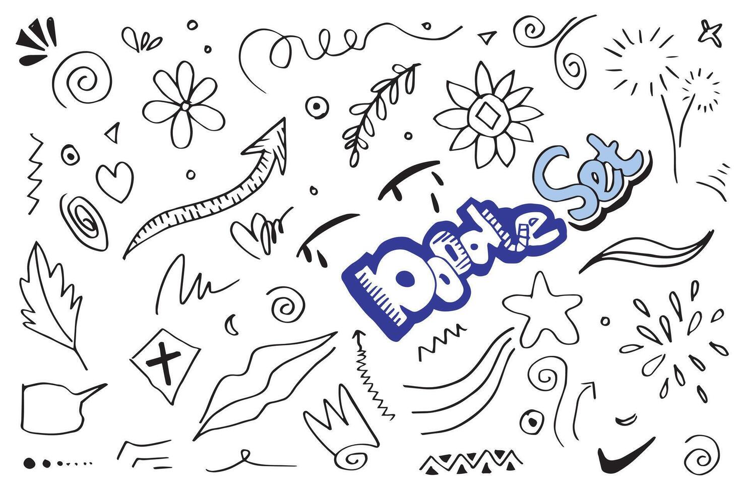 hand drawn set element,black on white background.arrow,leaves,speech bubble,heart,light,king,emphasis,swirl,for concept design. vector