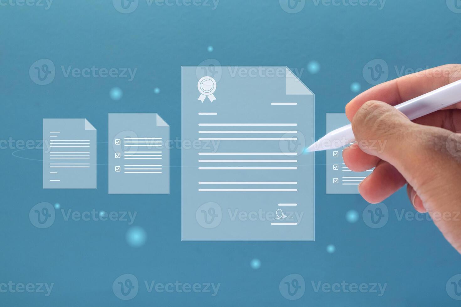 Hand holding a pen with virtual screen of document. Digital document management and signing business contract concept. photo