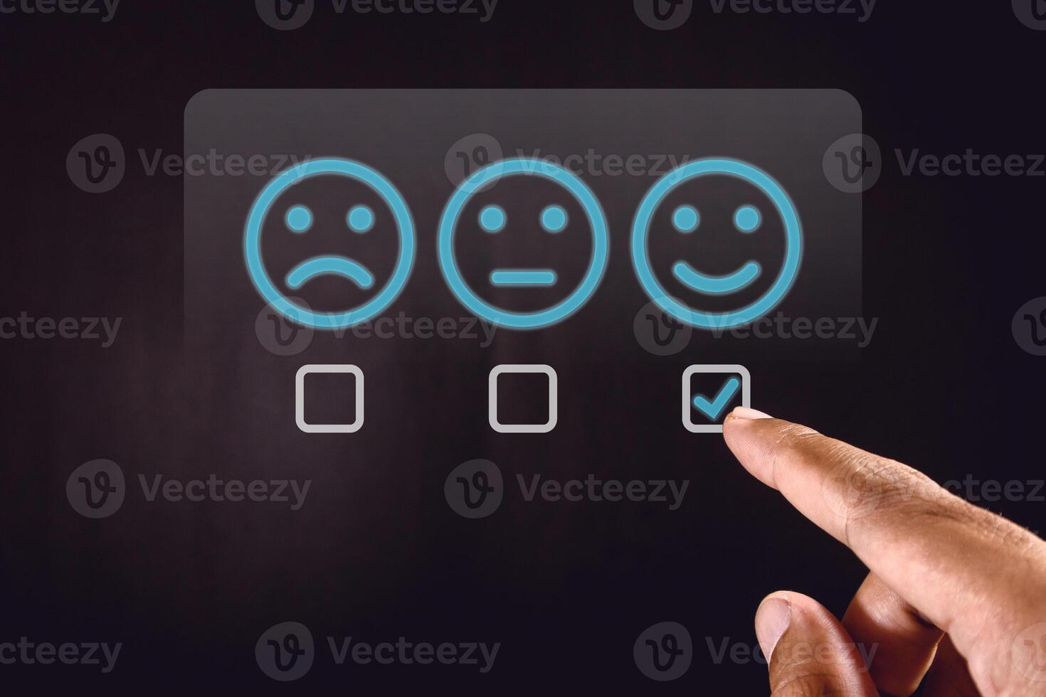 Man gives rating to service experience on virtual screen. Customer review satisfaction feedback concept. photo