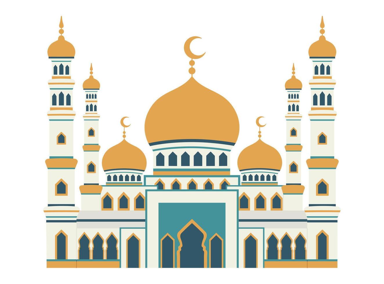 Islamic mosque building. Beautiful muslim temple with crescents. Eastern cultural landmark. Flat illustration isolated on white background vector