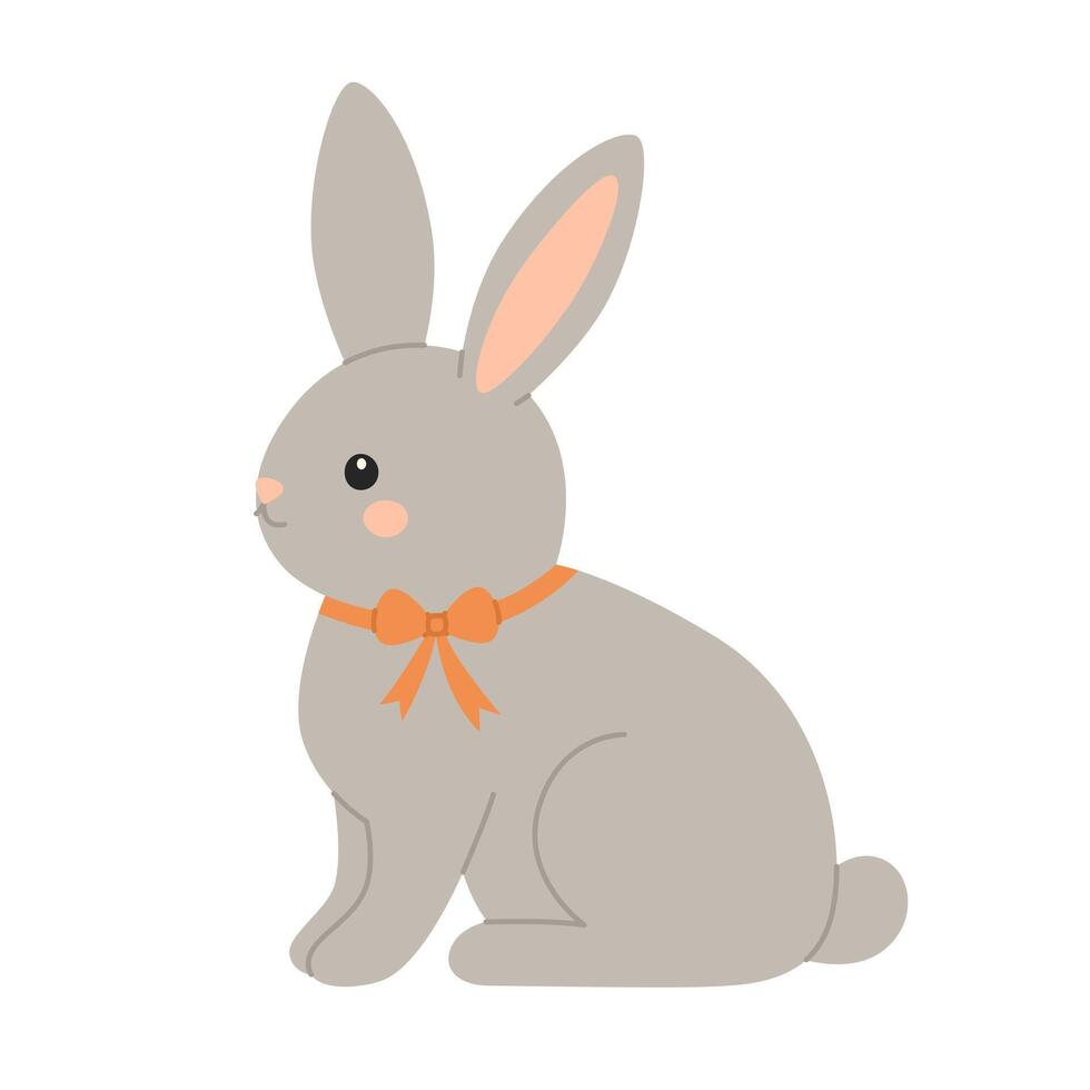 Little cute bunny sitting with bow on his neck. Grey hare dressed in ribbon. Easter card with animal. Flat illustration isolated on white background vector