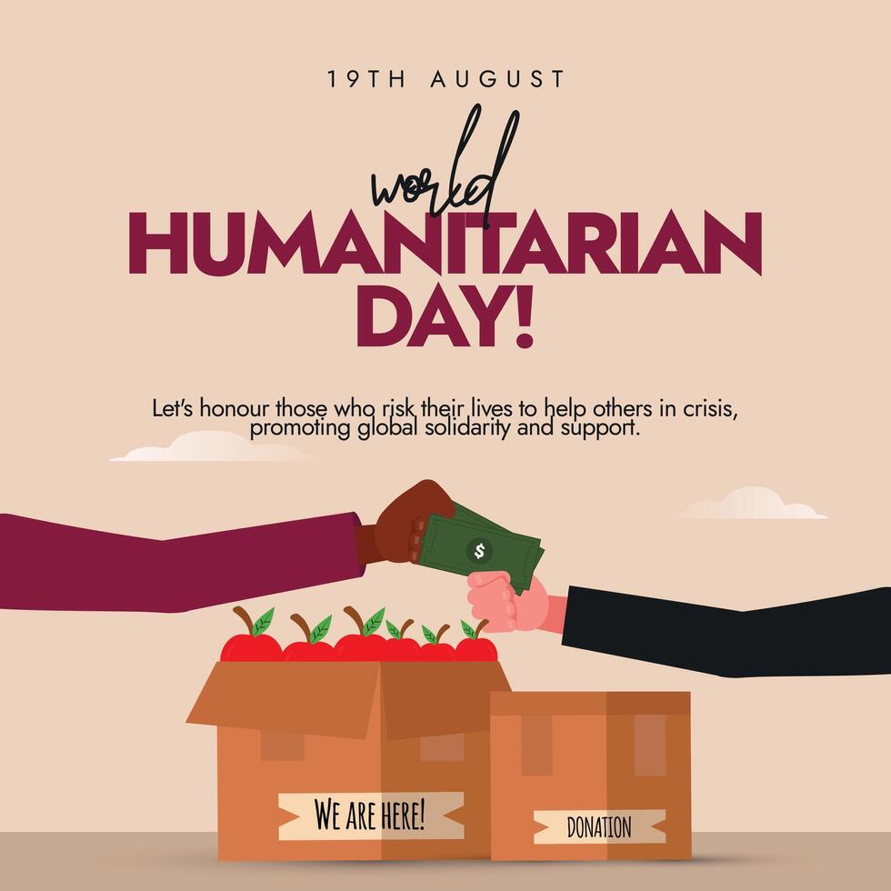 World Humanitarian Day. 19th August World Humanitarian day celebration banner with a giving money to another man, donation boxes. The theme for 2024 is Humanitarians Deliver. Appreciating aid workers. vector