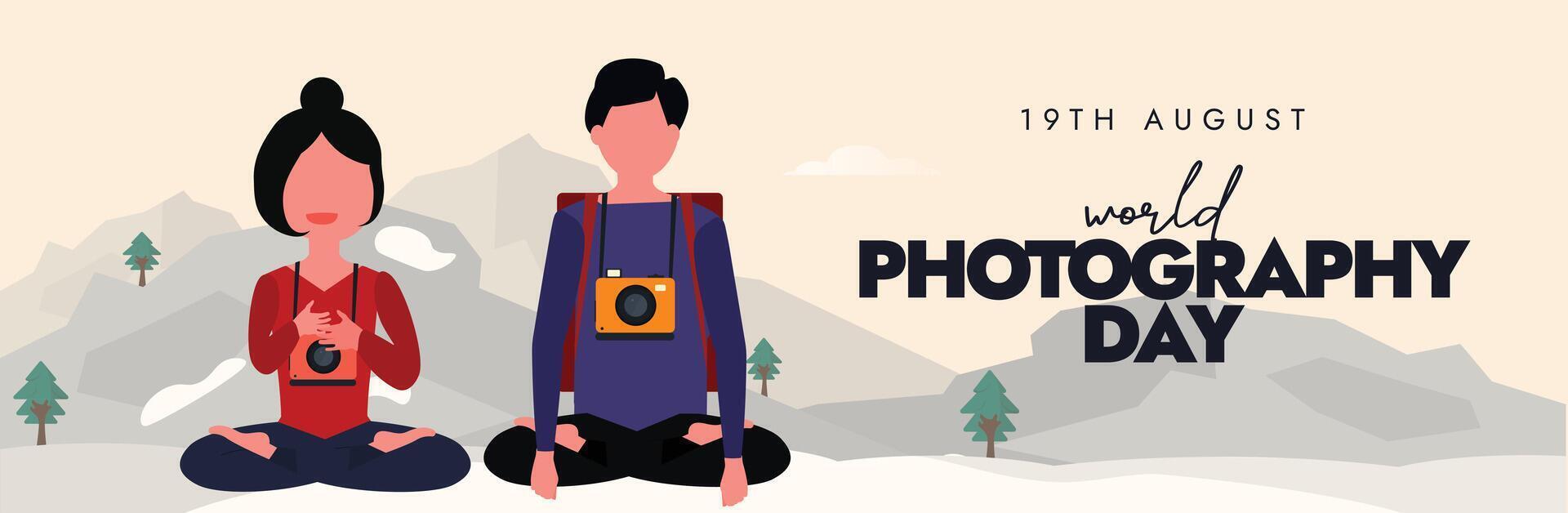 World Photography Day cover banner, post. 19th August Photography day cover banner with two sitting photographers, hanging cameras, mountains view in background. Conceptual banner template design. vector