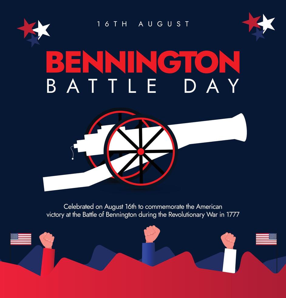 Bennington battle day. Bennington battle day celebration banner, social media post with a cannon, hand fists in air, USA flag stars. The day honours the Valor, determination displayed by forces. vector