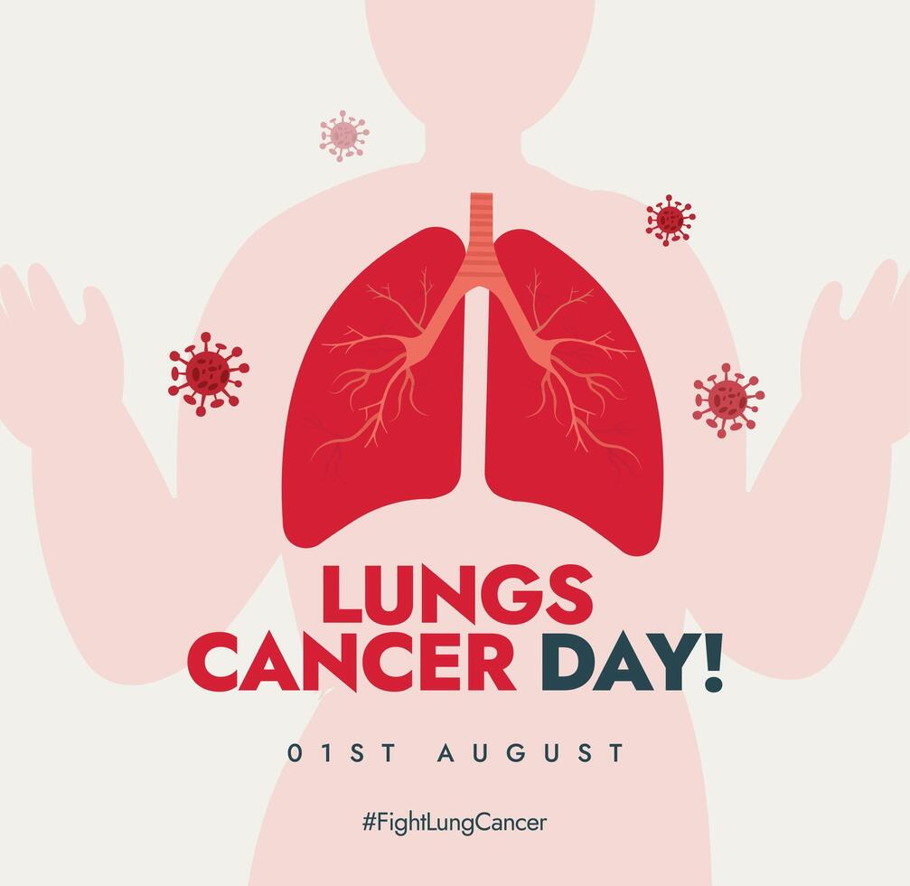 World Lungs Cancer Day. 1st August World Lungs cancer day awareness banner with inside view of lungs attacked by viruses. The day focuses on the power of unity in the fight against disease, illness. vector