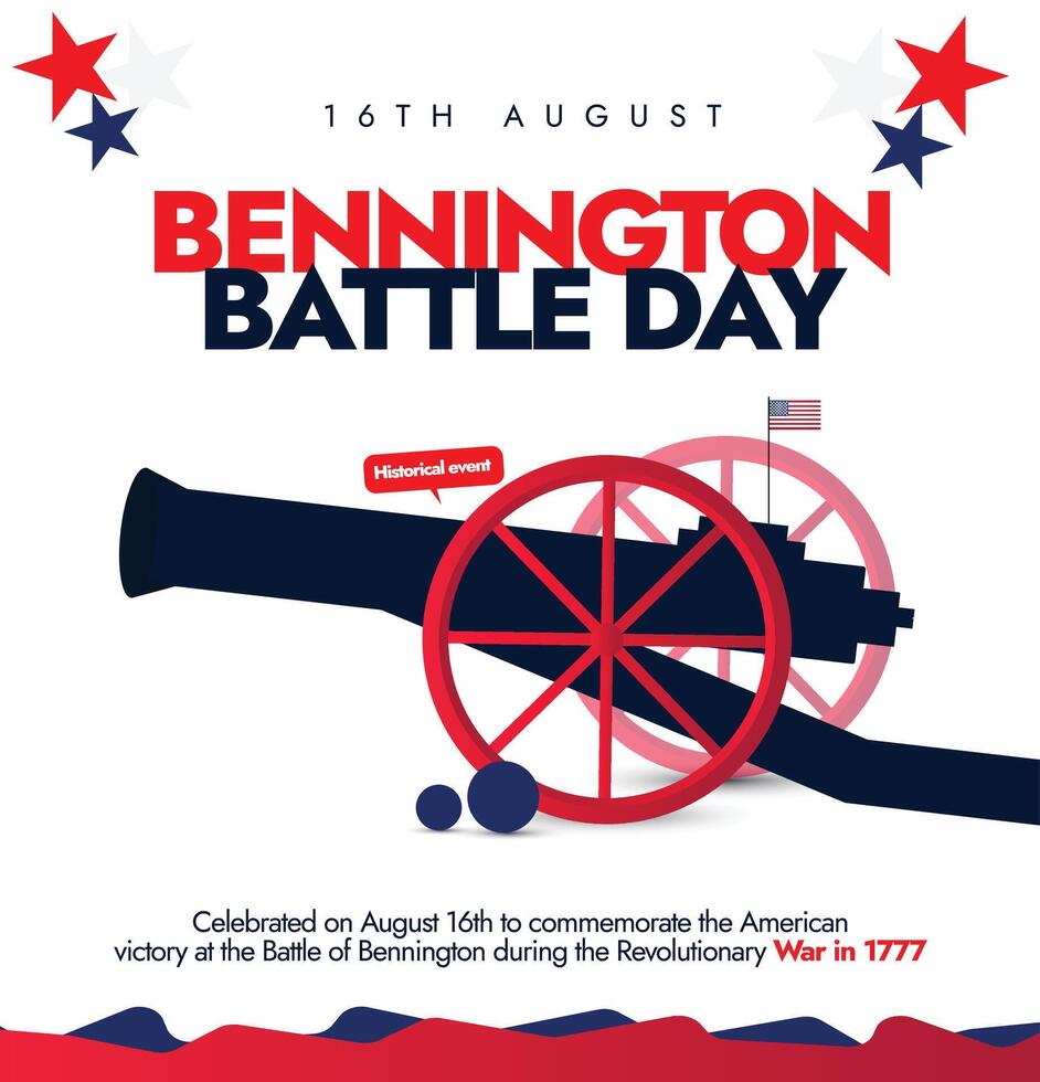 Bennington battle day. 16th August Bennington battle day banner, post with cannon, USA flag stars. The day recalls the victory of American and Vermont forces over British forces during war in 1777. vector