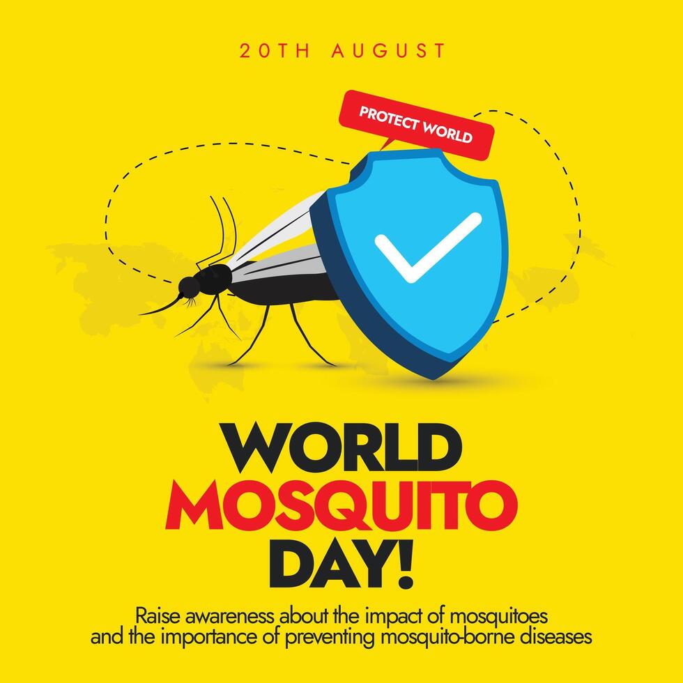 World Mosquito Day. 20th August Mosquito day banner with protection shield, dotted path lines, silhouette world map. Mosquitoes kill more people than any other animal on the planet. Dengue, malaria. vector