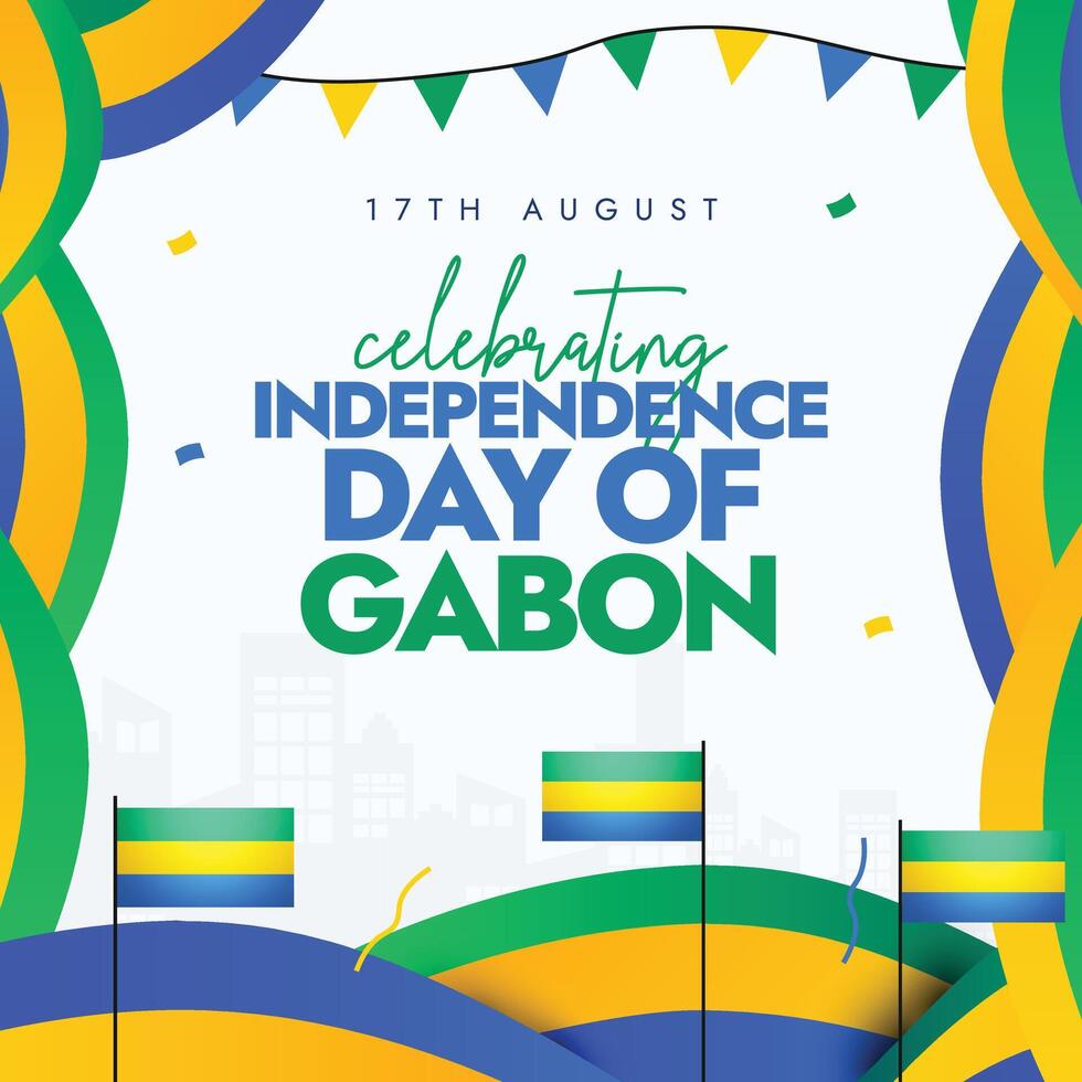 Gabon Independence Day.17th August Gabon Independence day celebration banner with its flags, abstract art designs in flag colours theme. The country achieved its independence from France in 1960. vector