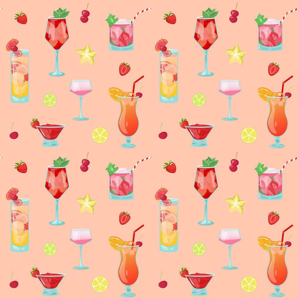 seamless cocktails and slices of fruit pattern on beige background. Summer bright design with campari, daiquiri, mojito can be used for wallpaper, website background, wrapping paper, fabric vector