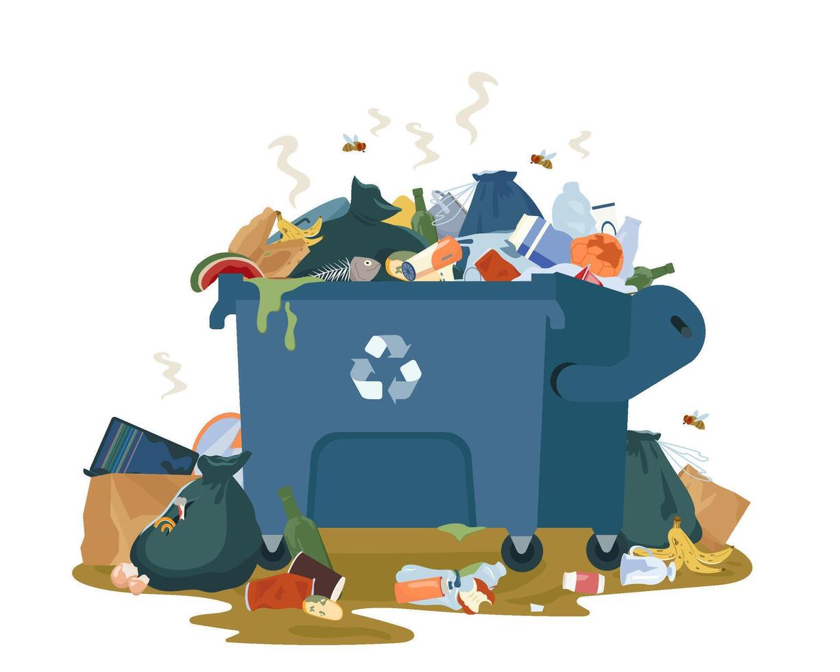 Large metal garbage container with unsorted trash. Decaying garbage and trash bags left lying around dump that smells ugly and started to decompose. Illustration isolated on white. vector