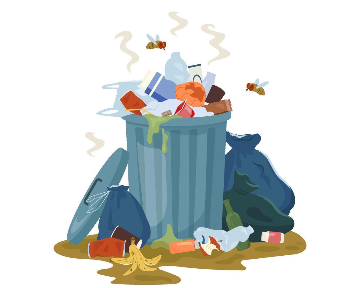 Metal garbage container with unsorted trash. Decaying garbage and trash bags left lying around dump that smells ugly and started to decompose. Illustration isolated on white. vector