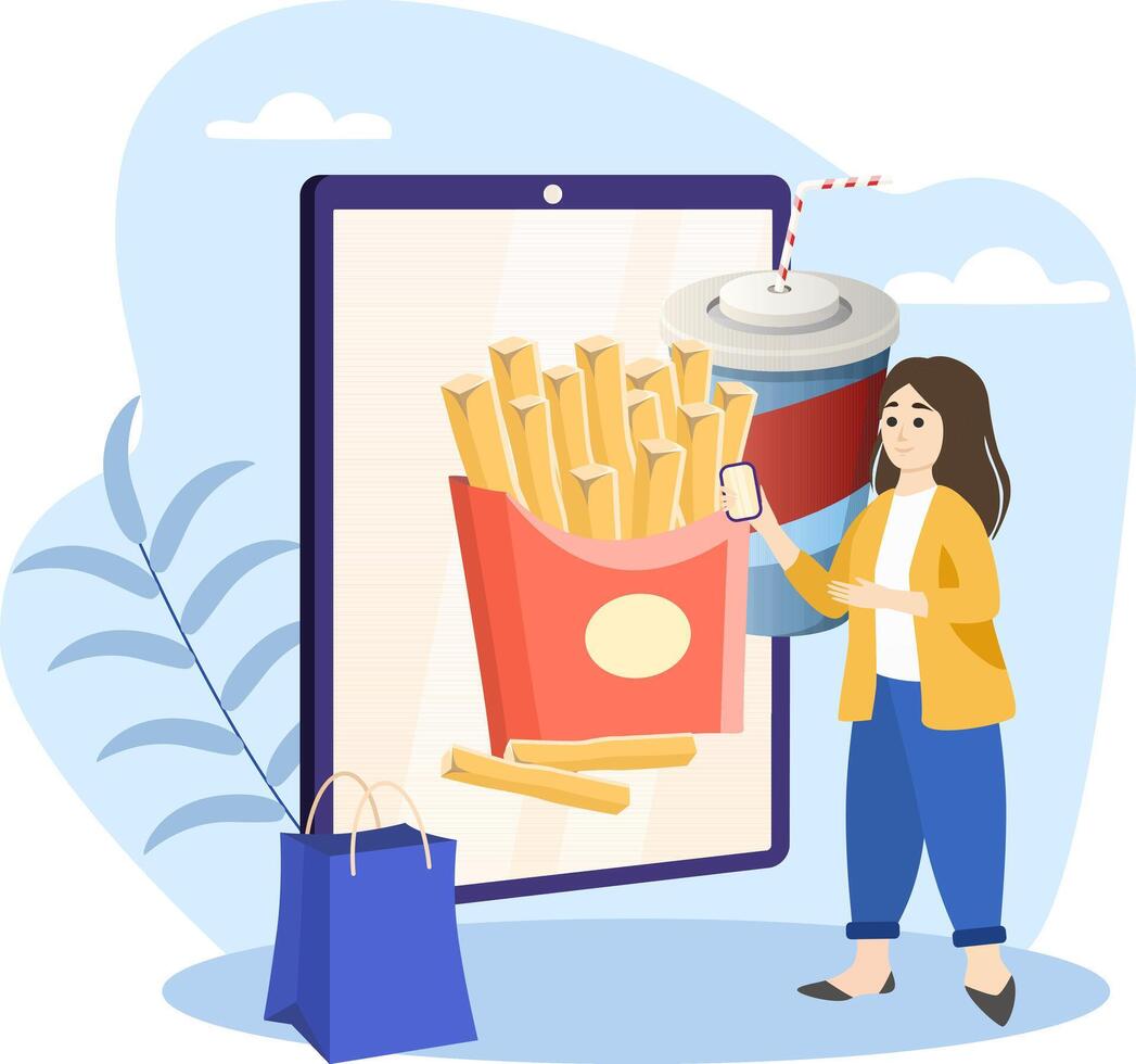 Woman ordering fast food online using smartphone app on huge tablet screen vector