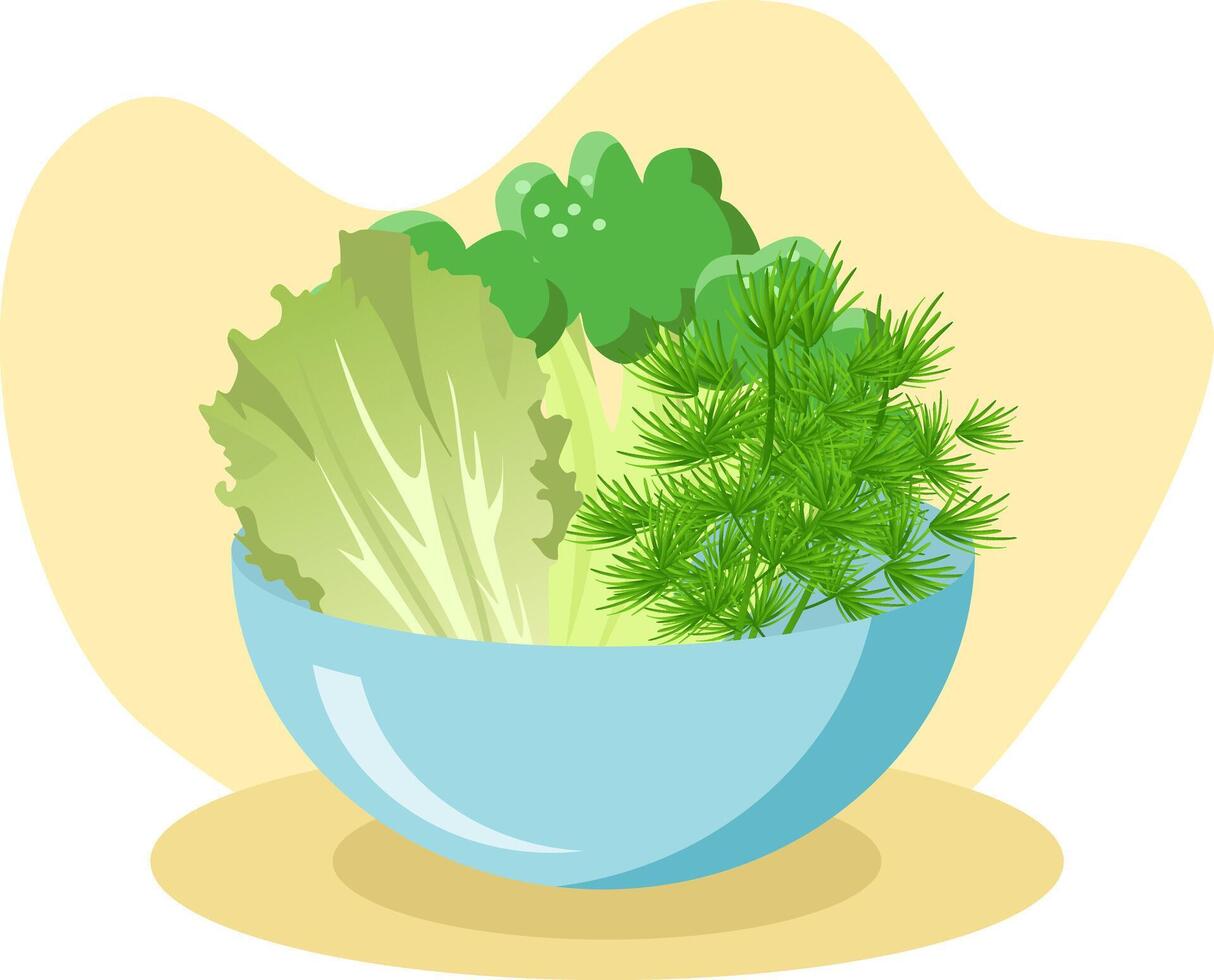 Green vegetables overflowing a blue bowl promoting a healthy lifestyle vector