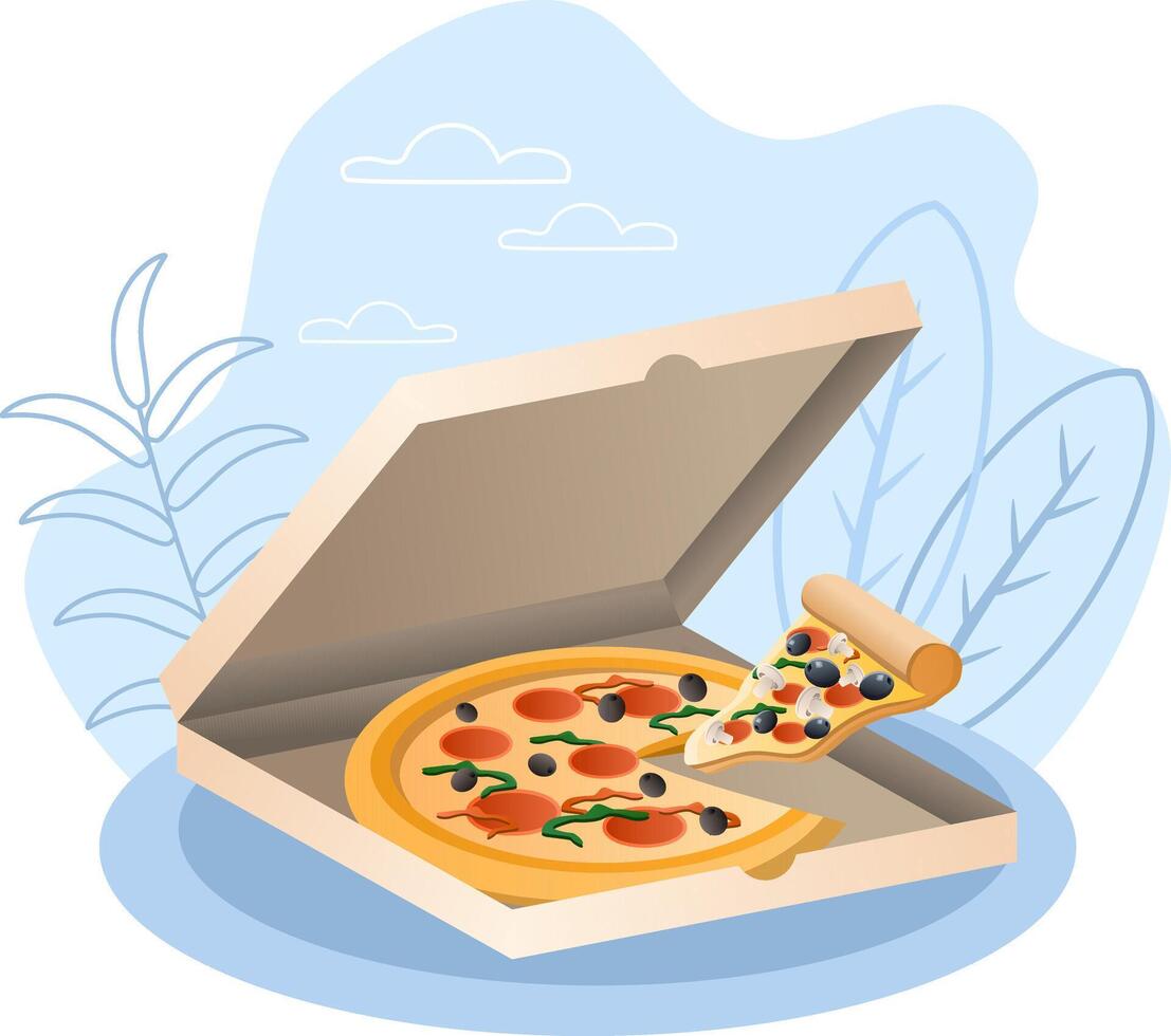 Delicious pizza being delivered in a cardboard box vector