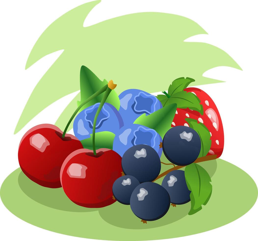 Assortment of freshly picked berries lying on green leaves with a green background vector
