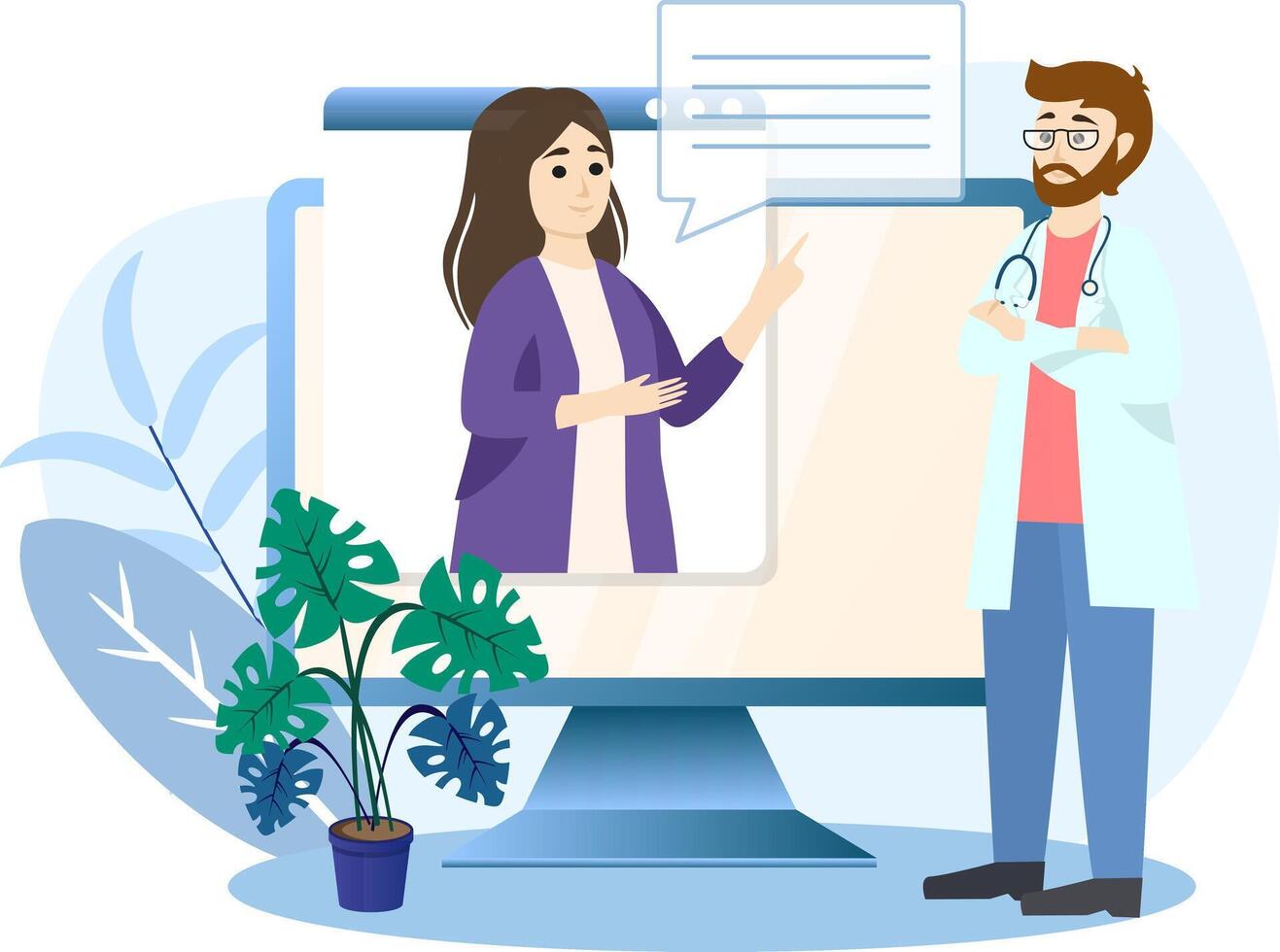 Doctor explaining diagnosis to patient through call on computer, telemedicine concept vector