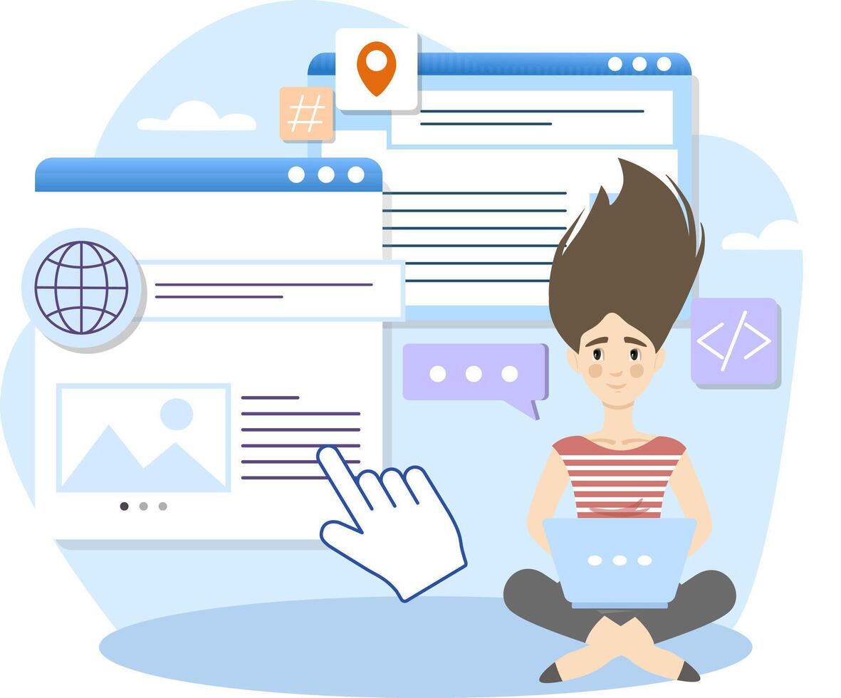 Web developer working with laptop and programming code on internet website vector