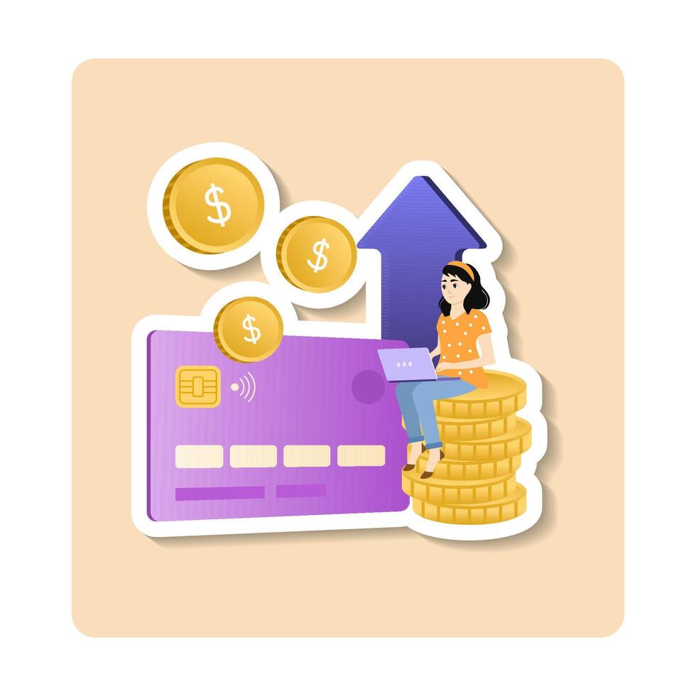 Withdraw sticker illustration. An image of a bank card and a girl sitting on coins. Flat sticker illustration vector