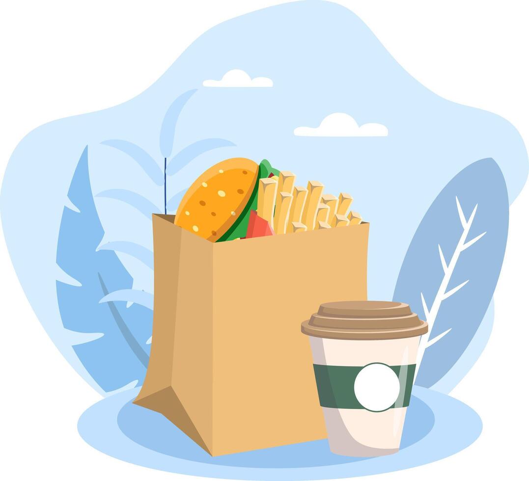 Paper bag full of fast food takeaway with hamburger and french fries is standing on table with coffee cup vector