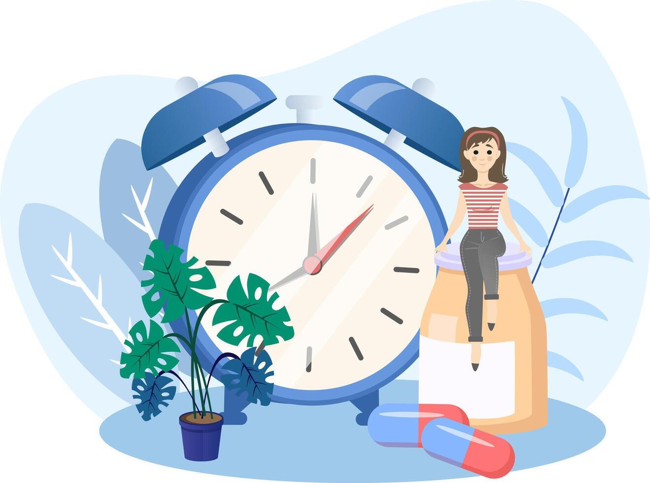 Woman sitting on a pill bottle taking her daily medication with a giant alarm clock vector