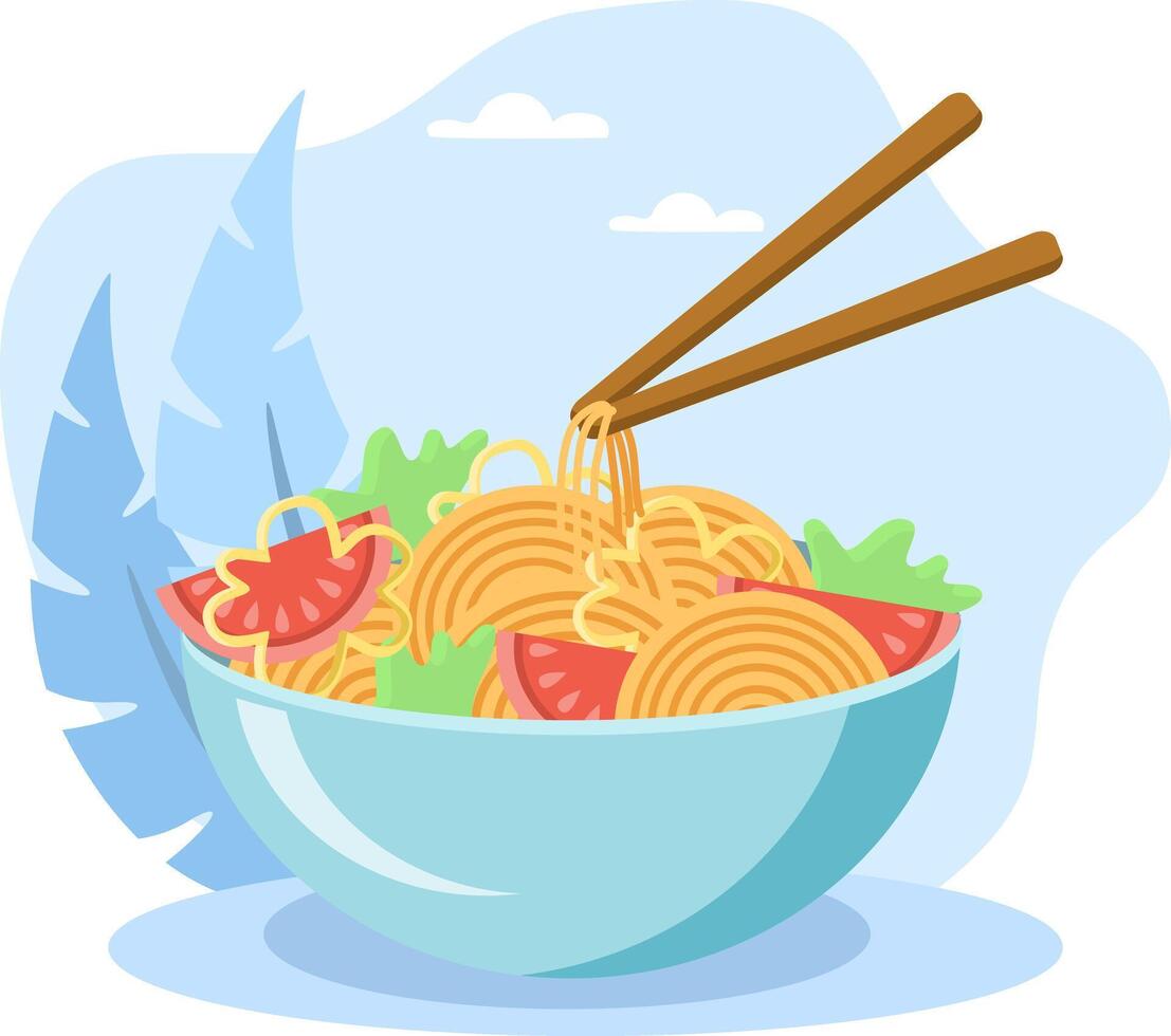Chopsticks picking up noodles from bowl of ramen with vegetables vector