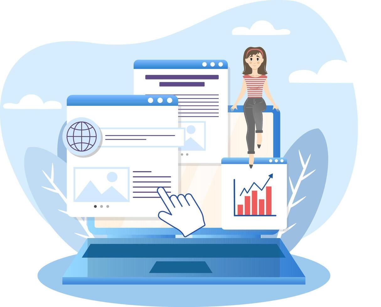 Project manager woman sitting on laptop managing web design project using computer software vector