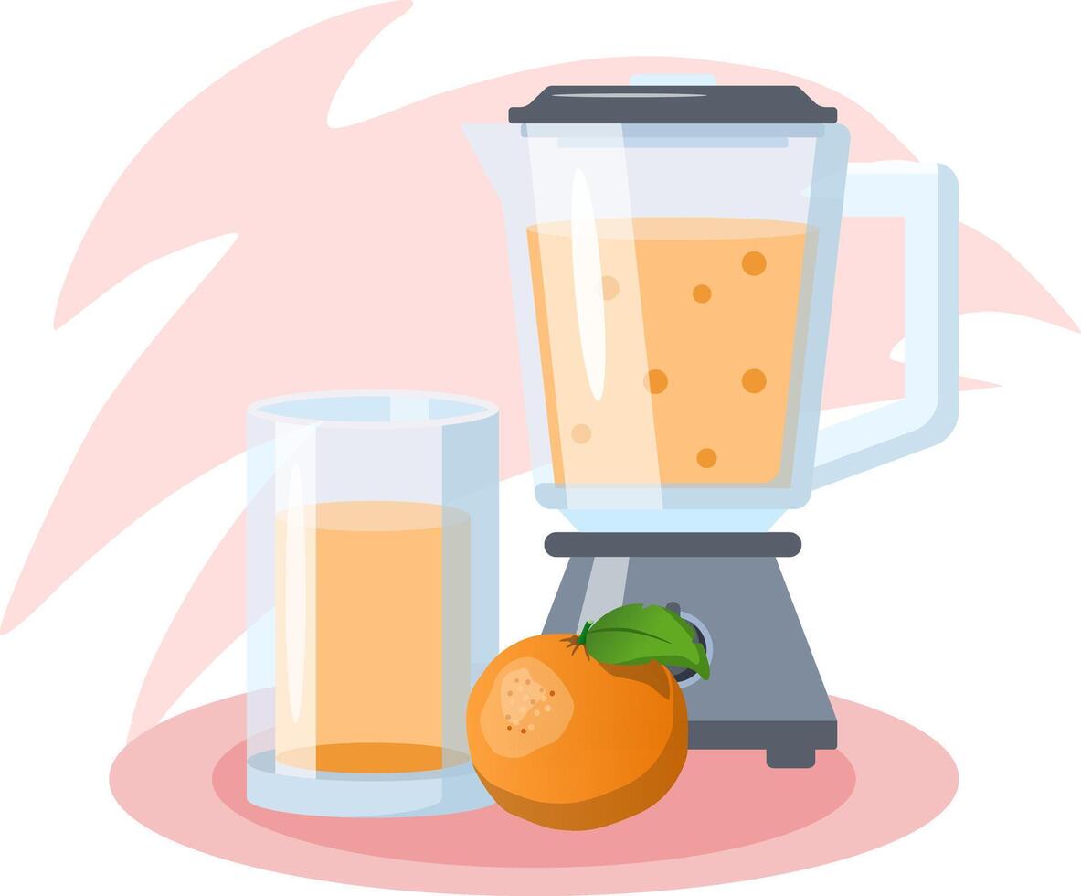 Blender preparing tasty orange juice with ripe orange fruit vector