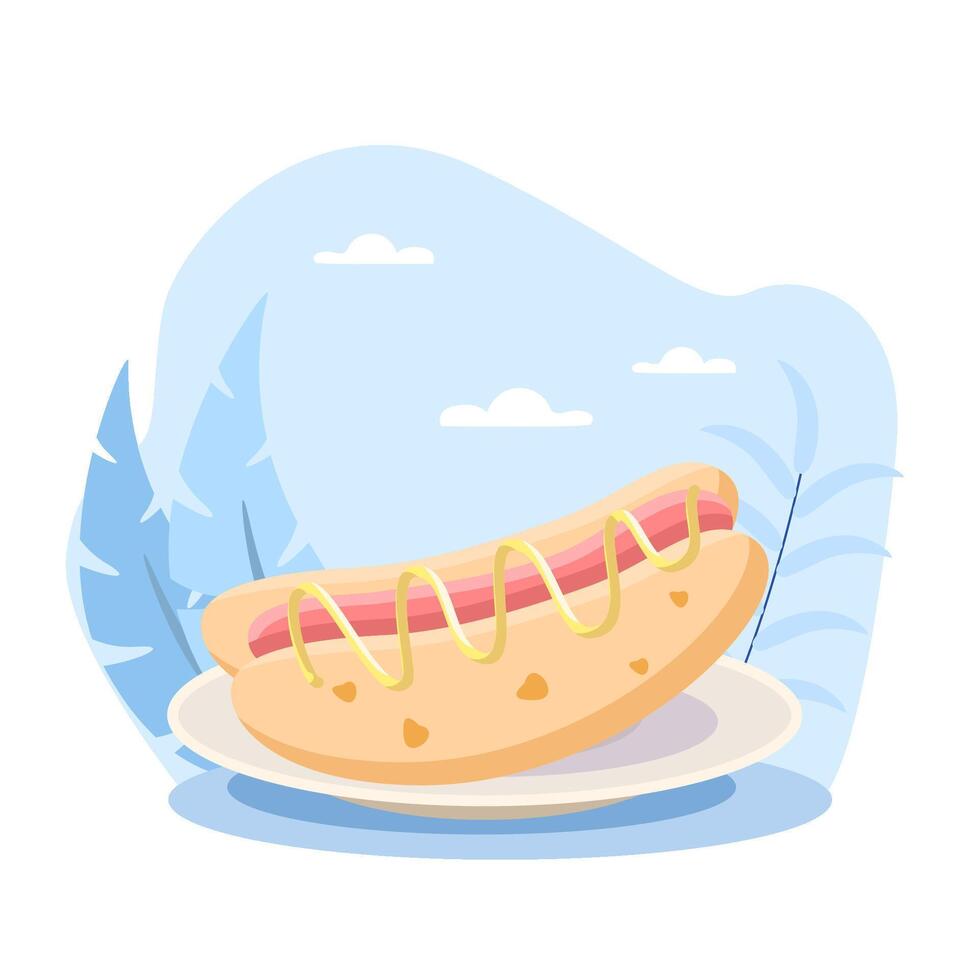 Delicious hot dog with mustard lying on plate on summer background vector