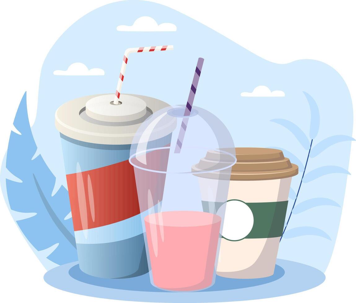 Refreshing cold beverages in disposable cups with straws enjoyed outdoors vector