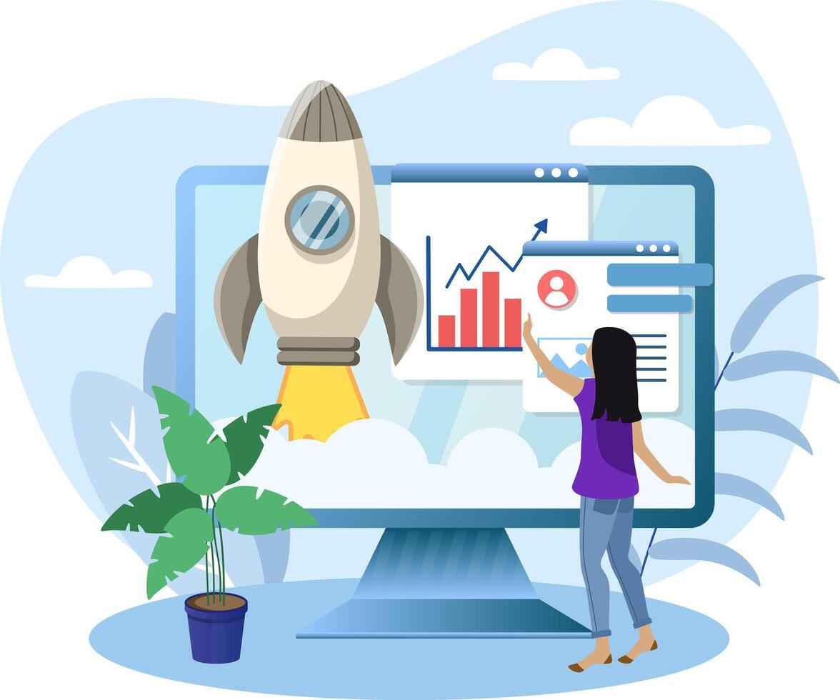Businesswoman managing business growth on computer with rocket launch taking off from screen vector