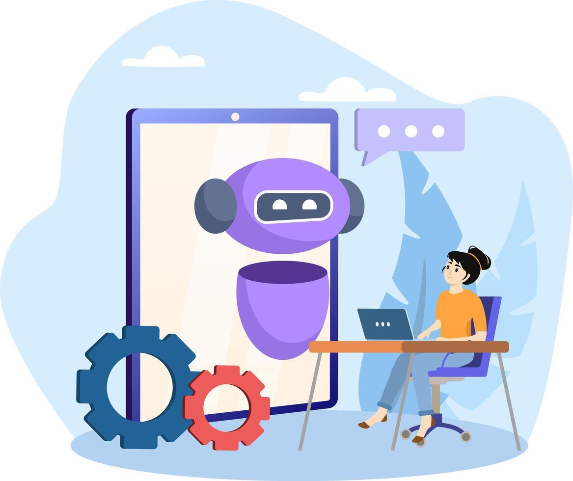 Woman working with chatbot on a big smartphone, using artificial intelligence for business automation vector