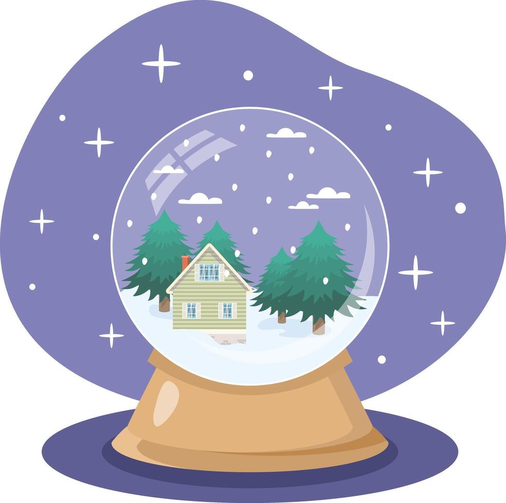 Crystal ball showing small wooden house in snowy forest during christmas holidays vector
