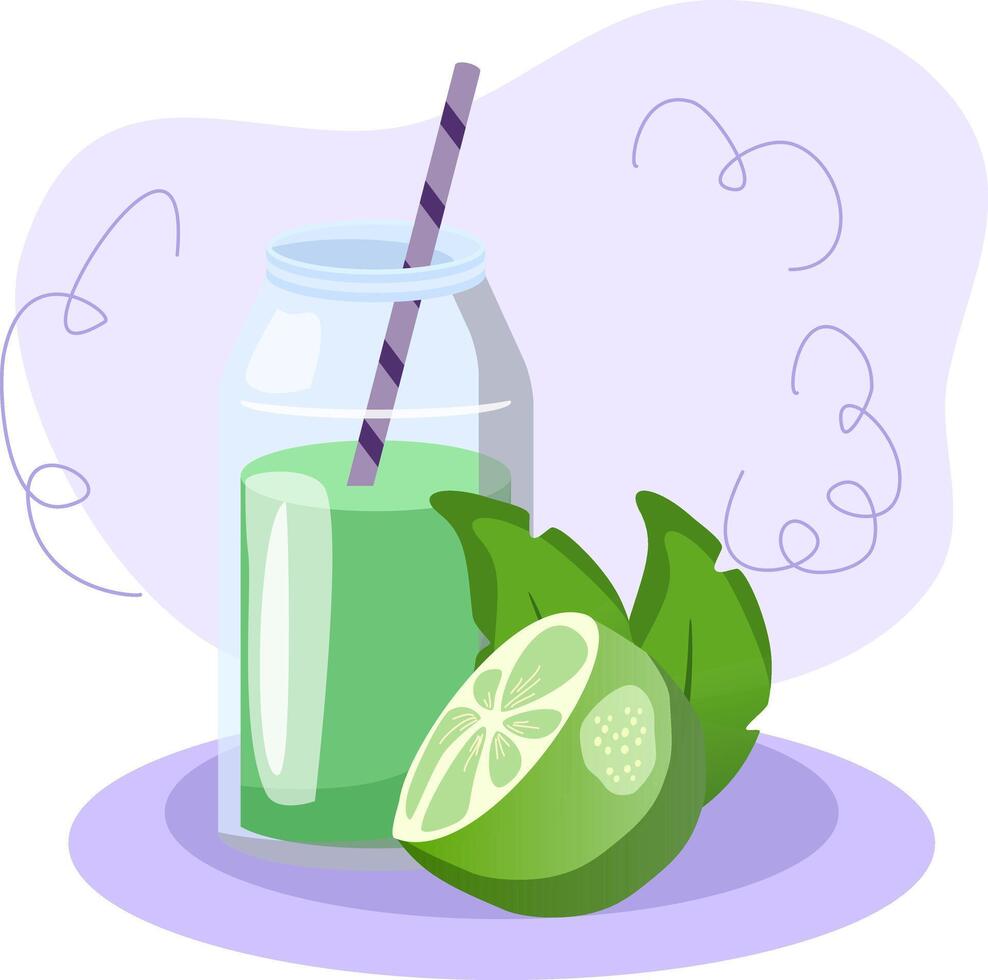 Green smoothie in bottle with straw resting on purple coaster with fresh limes and spinach vector